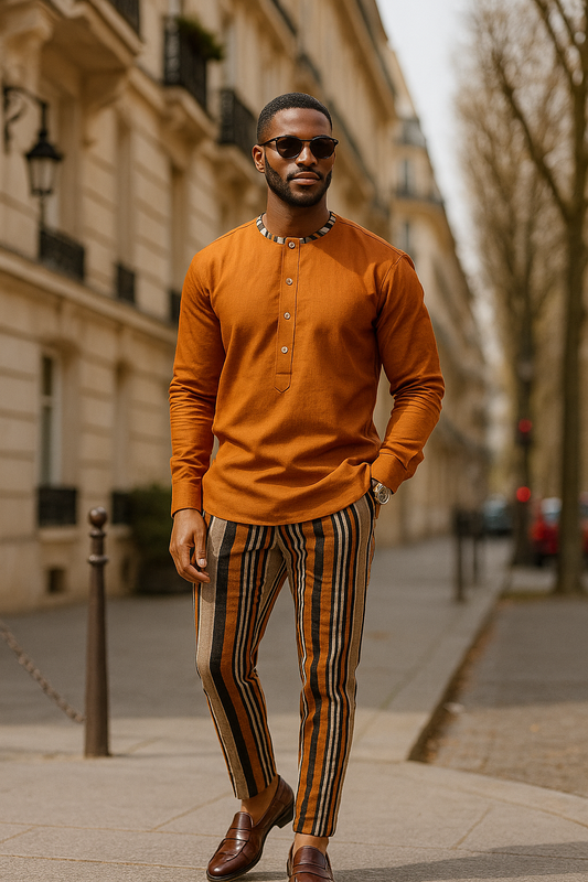 ADE - Men’s  Linen Top & Asooke Stripe Pant Set