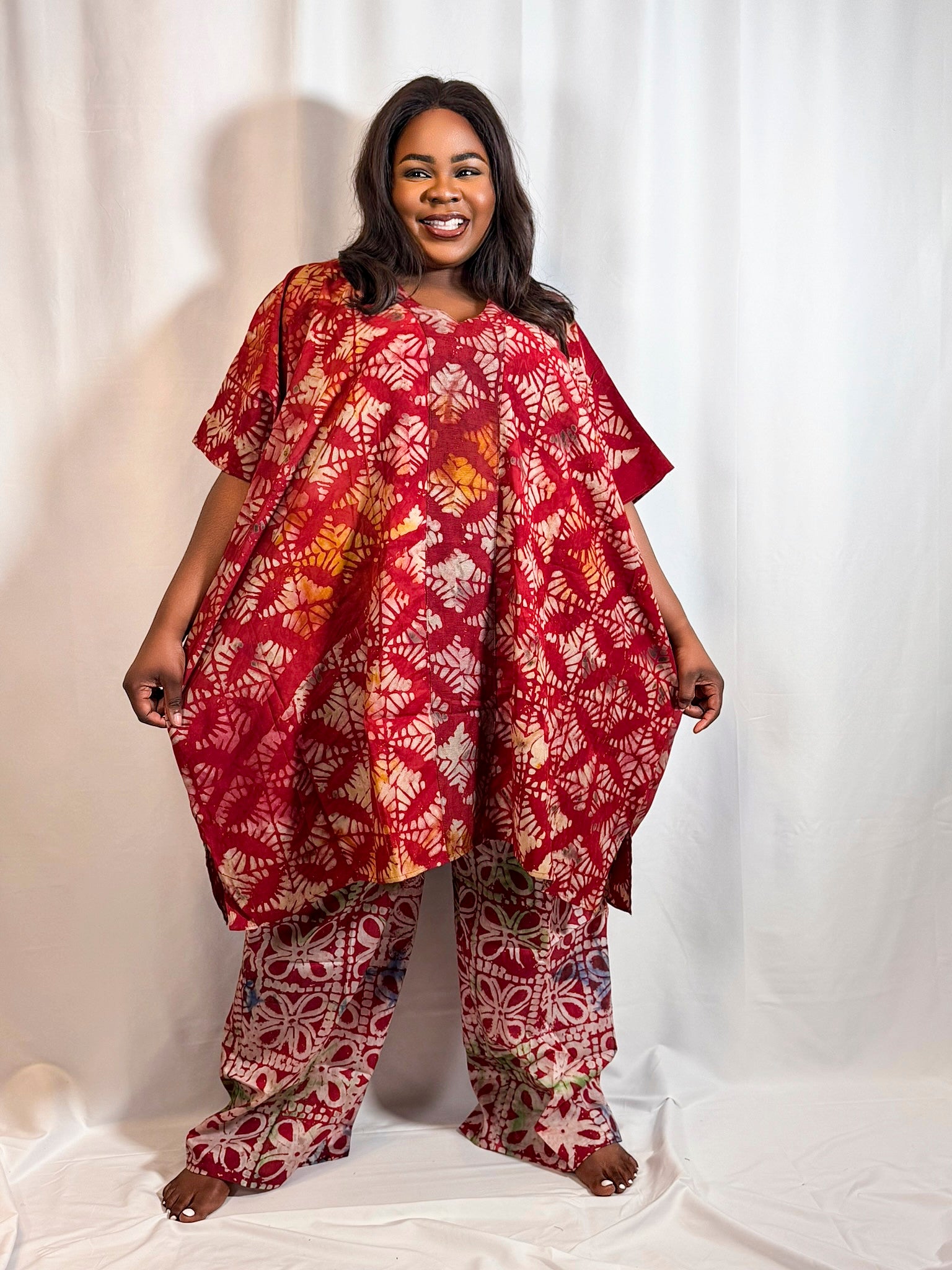 Adire crepe agbada set, African agbada outfit for women, wide-leg pants set, OTRbyifetokan, African fashion in Canada, batik print clothing, modern agbada style, women's traditional African wear, comfortable ready-to-wear outfit