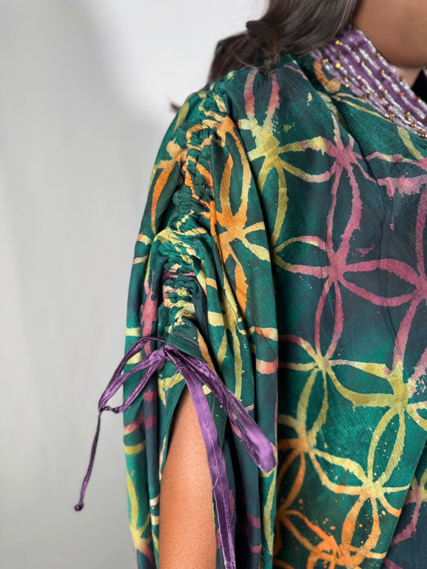 Bukola Adire Bubu with Embellished Neckline & Drawstring Sleeves