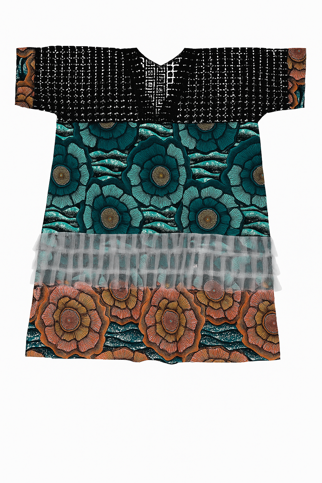 Multi-Print Ankara Dress with Chord Lace Trim