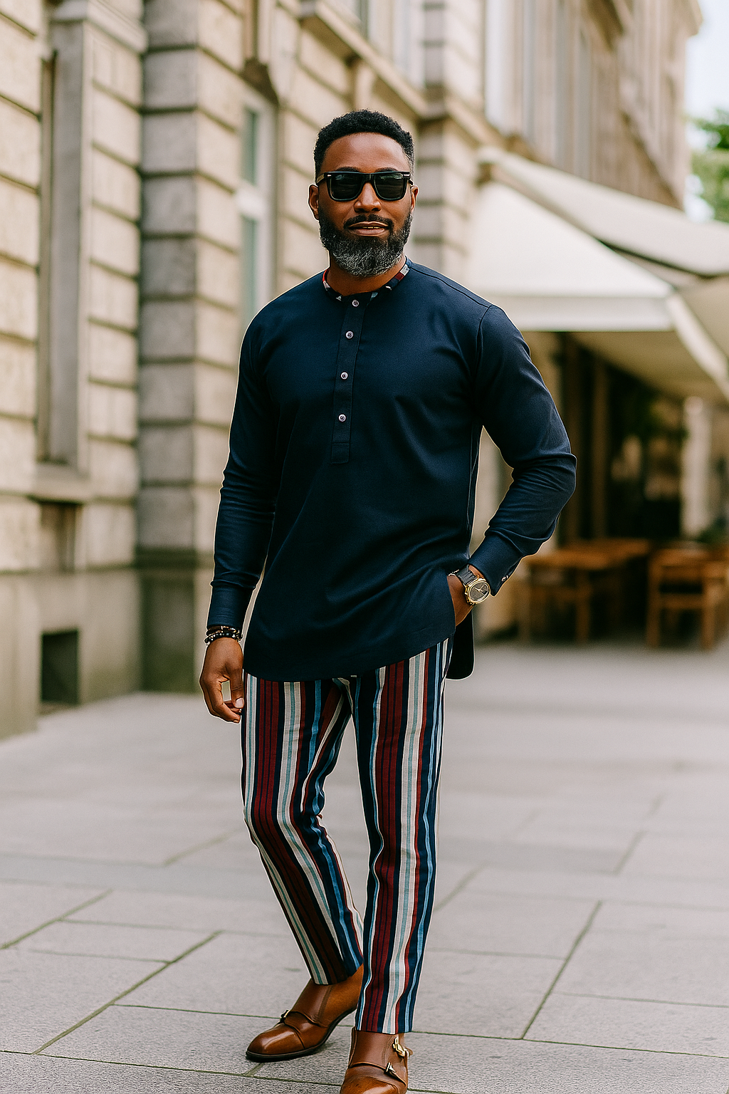 ADE - Men’s  Linen Top & Asooke Stripe Pant Set