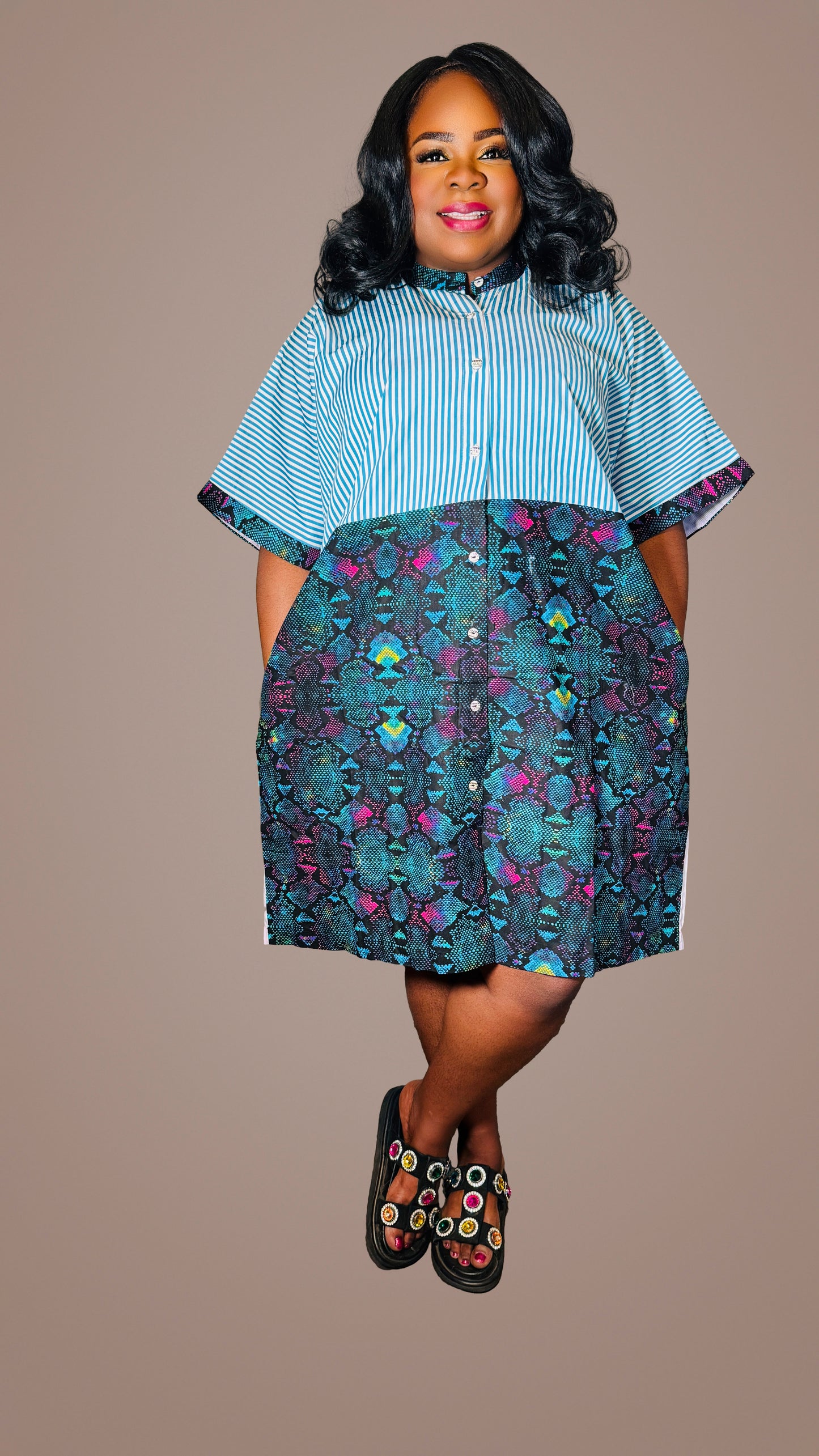 Nike Striped & Ankara Patch Shirt Dress