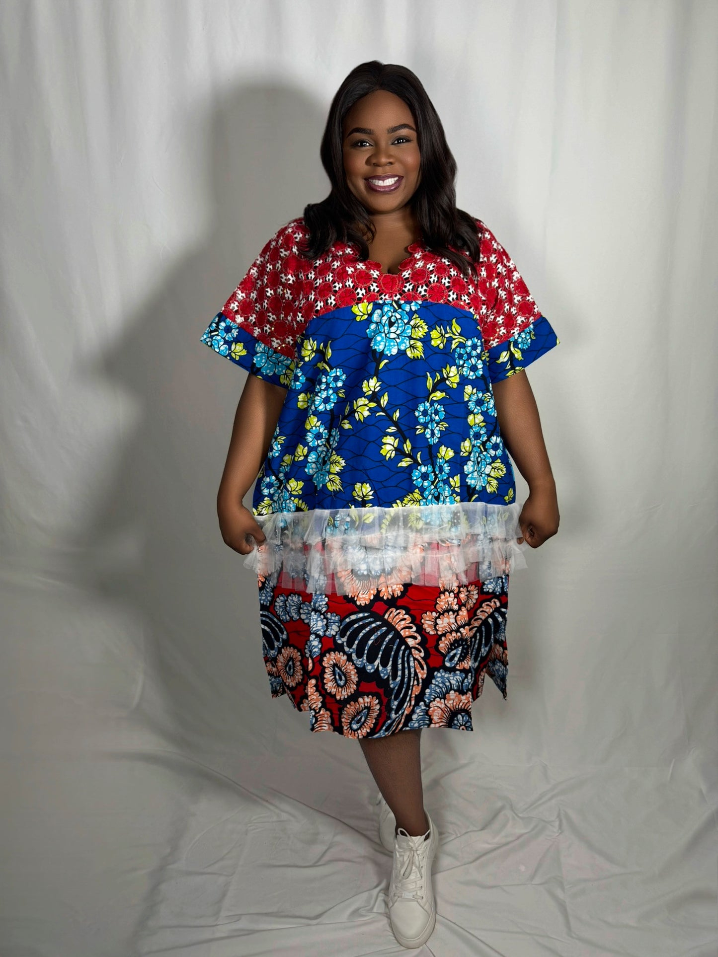 Multi-Print Ankara Dress with Chord Lace Trim