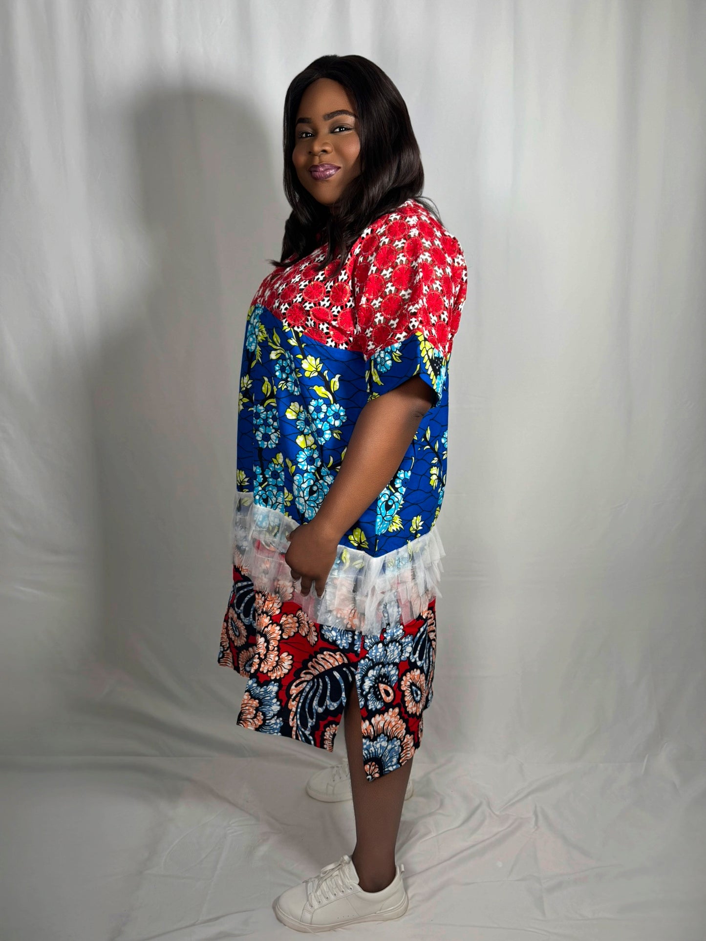 Multi-Print Ankara Dress with Chord Lace Trim