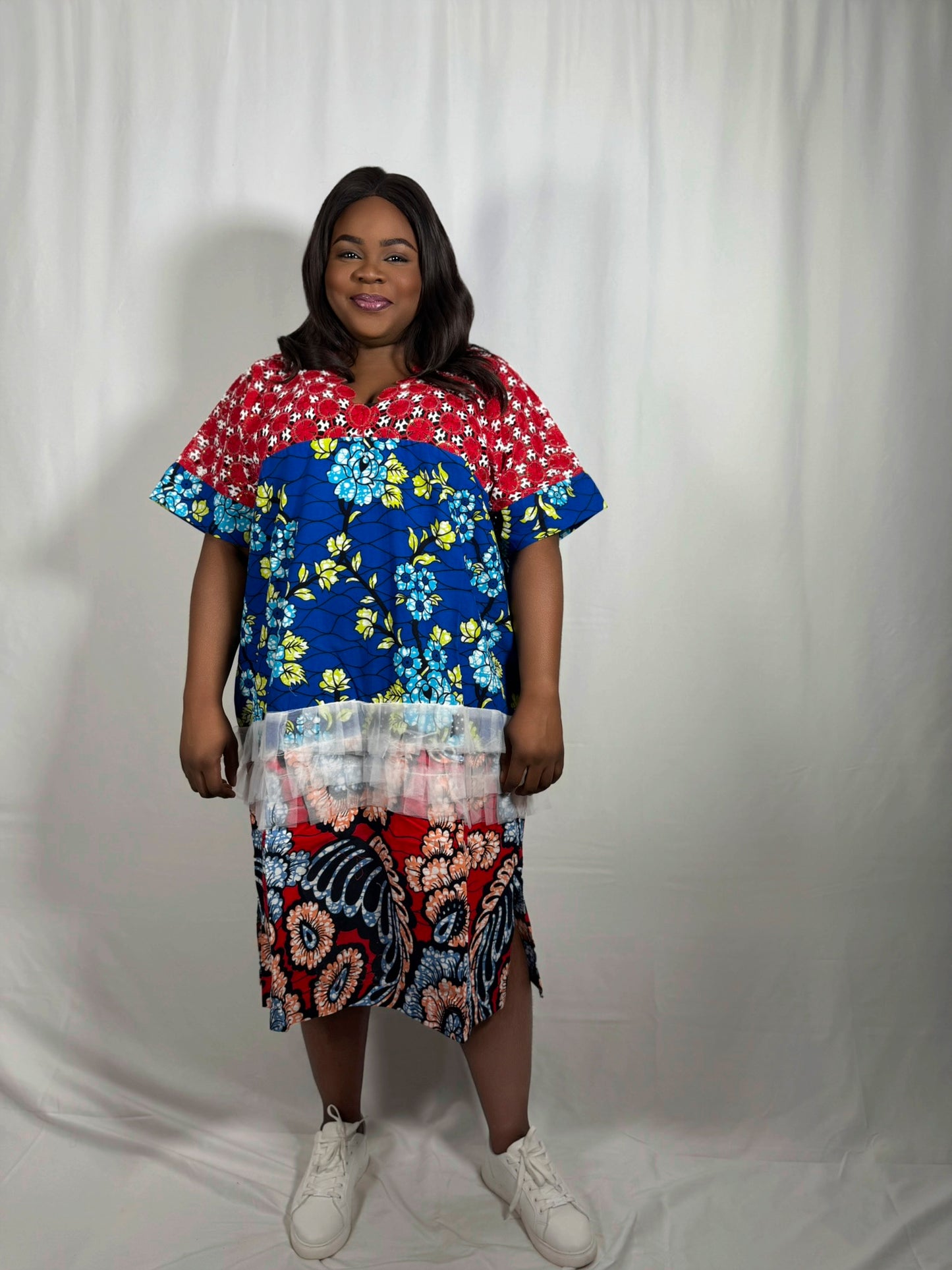 Multi-Print Ankara Dress with Chord Lace Trim