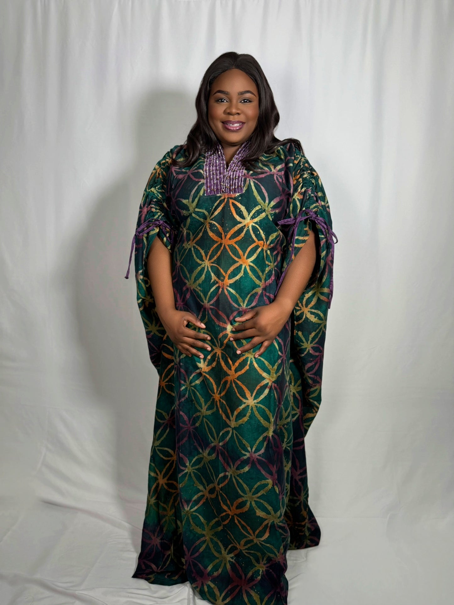 Bukola Adire Bubu with Embellished Neckline & Drawstring Sleeves