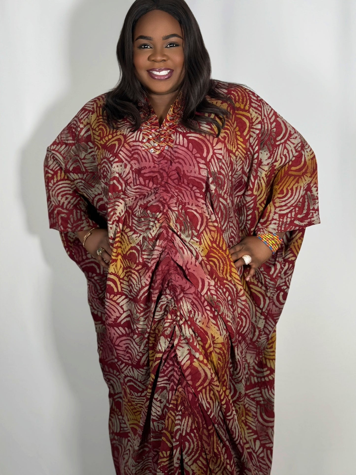 Desola Adire Bubu with Embellished Neckline &  Ruched  Detail