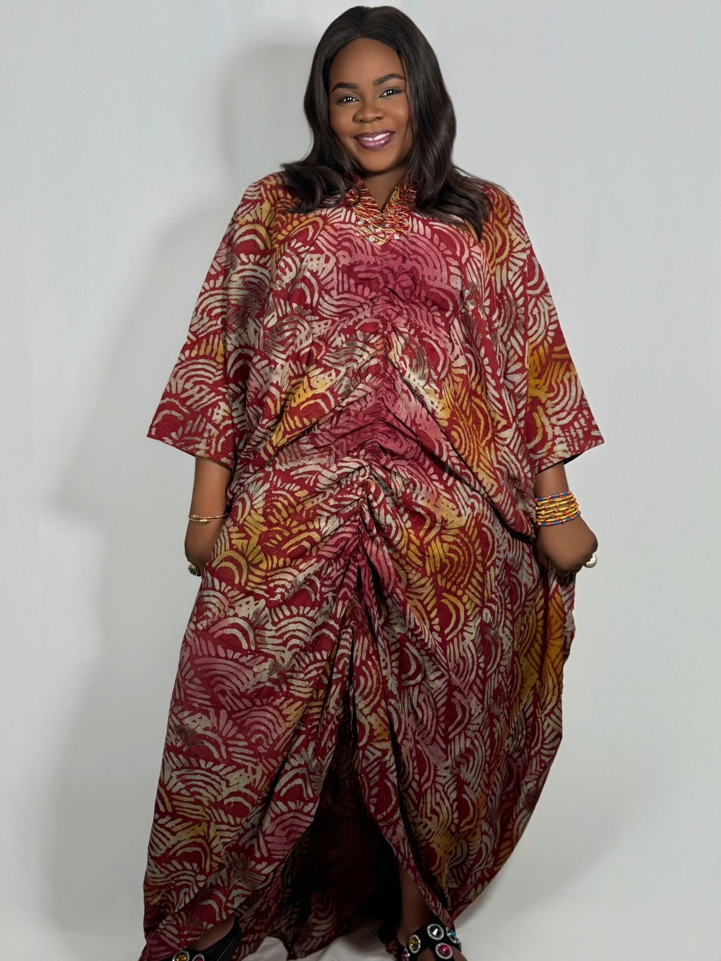 Desola Adire Bubu with Embellished Neckline &  Ruched  Detail